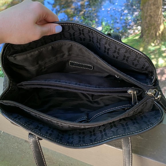 Vintage Fossil Shoulder bag large black leather canvas silver hardware Y2K - Picture 11 of 15